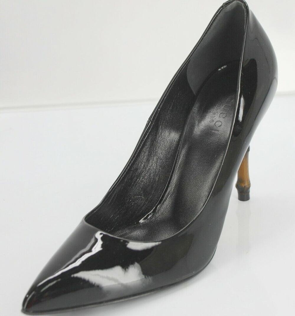 Gucci Black Patent Kristen Pointy Toe Bamboo Heels Pumps Size 35 New